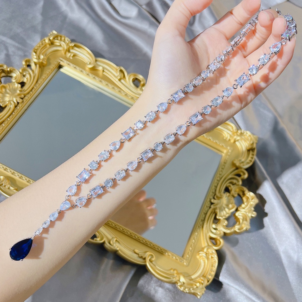 Goldkingdom Aksesoris Perhiasan Fashion Ready Stock Azure Bintang Royal Sapphire Berbentuk Pir Kalung Dengan Berlian Briliant Rakitan Set Rantai