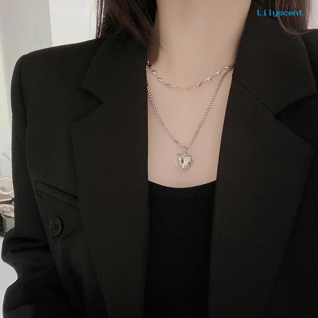 [LS]Love Heart Pendant Necklace Dual Layers Chain Elegan Keren Adjustable Titanium Steel Remaja Perempuan Klavikula Kalung