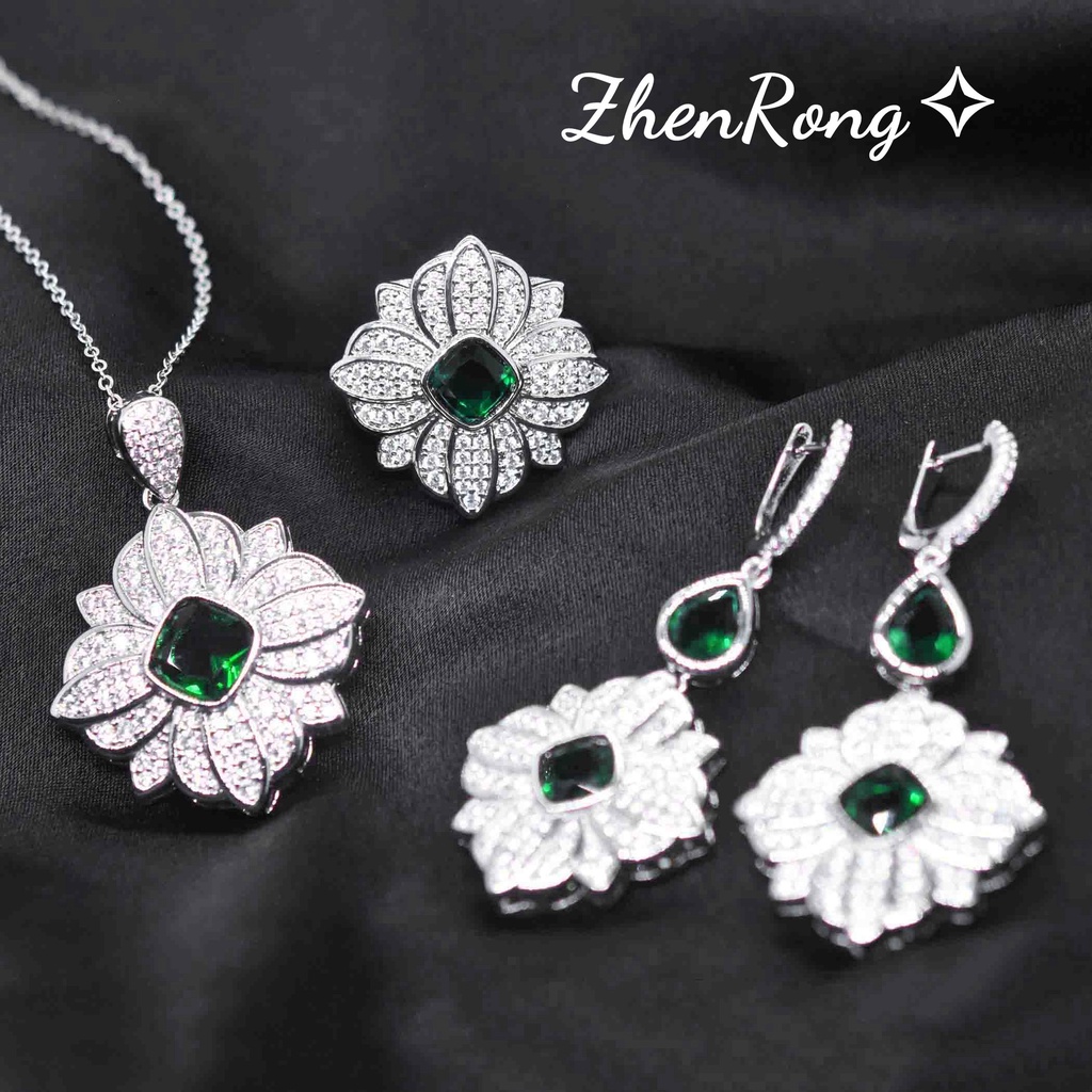 Goldkingdom Fashion Perhiasan Aksesoris Ready Stock Hijau Tetesan Air Persegi Kelopak Zirkon Set Wanita Empat Daun Rumput Anting Liontin Cincin