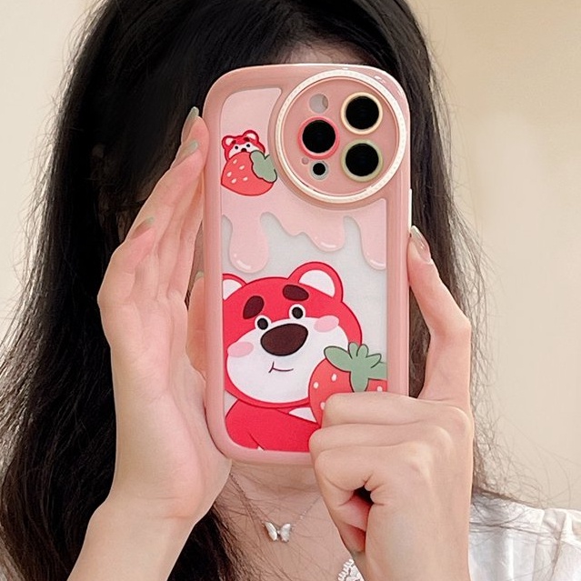 Kamera Melingkar Protect Cream Soft Case IPhone 11 13 12 14 PRO Max Casing Ponsel Untuk Wanita Cewek Imut Strawberry Bear Manyo Winnie the Bear