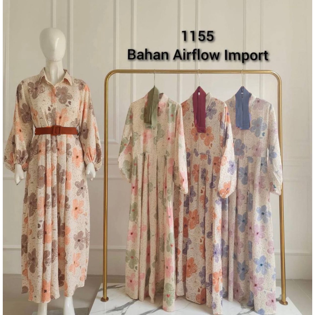Zoyya Bunga Dress Wanita Crinkle Airflow Premium Gamis Terbaru Lengan Balon Panjang Baju Muslim Polos Kekinian LD 110 cm