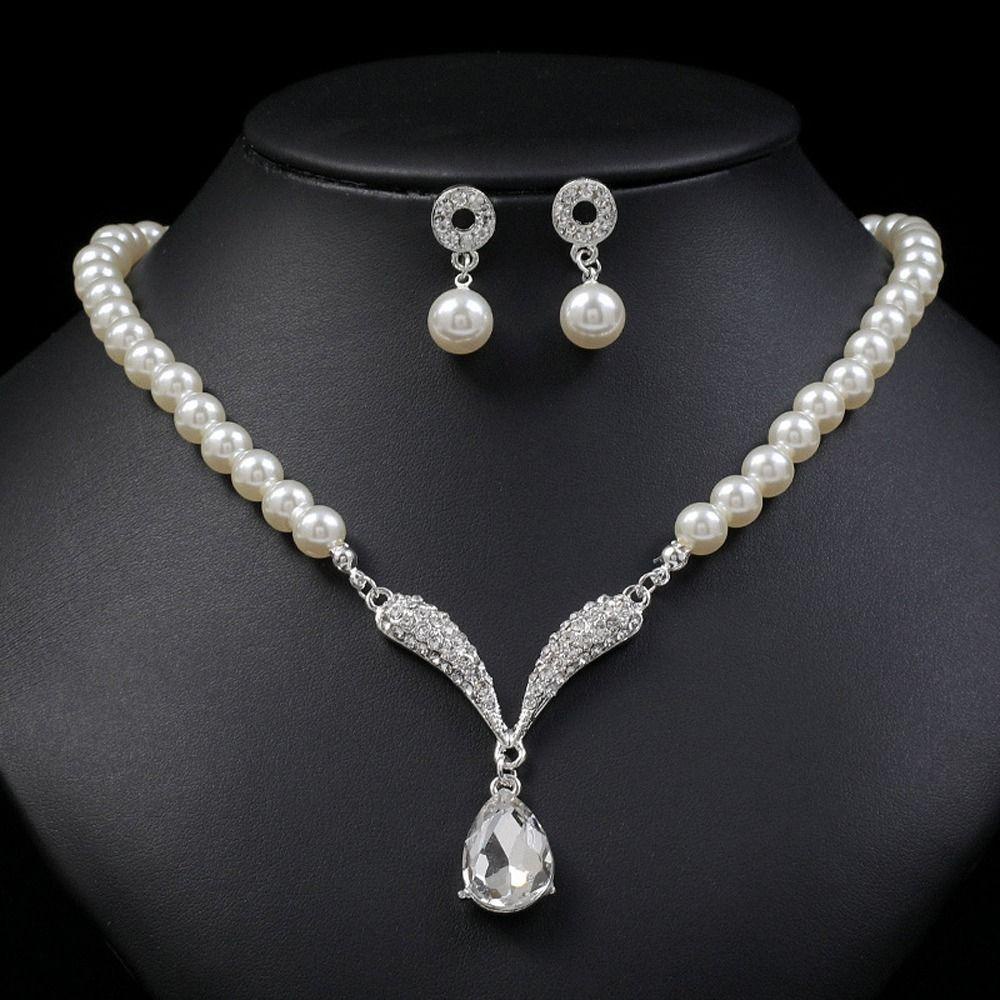 Needway   Set Perhiasan Pernikahan Pengantin Halus Romantis Vintage Mutiara Hadiah Anniversary Bunga Berlian Imitasi Gaya Korea Menjuntai Anting