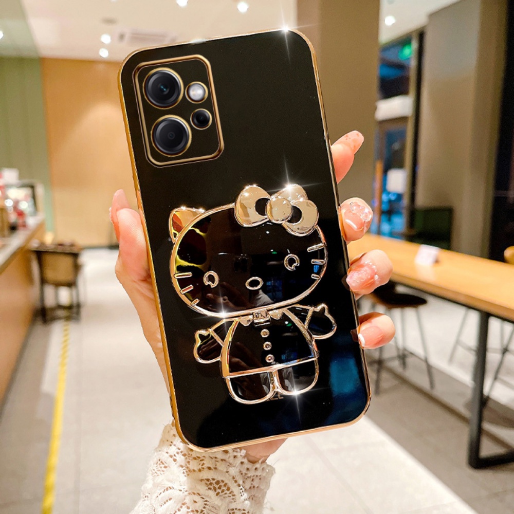 Redmi A1 A2 Redmi 10 5G 9A 9 8A 9T Note 9 Note9S Note9 Pro Note8 Pro Note7 Cermin Rias Fashion Kitty Cat Stand Holder Mewah Plating Karet Soft Cover Rixuan