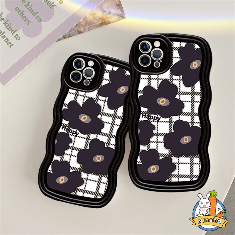 IPHONE Casing Kompatibel Untuk Iphone14 13 12 11 Pro Max X Xr Xs Max8 7 6 6s Plus SE 2020 Retro Hitam Camellia Bertekstur Tepi Gelombang Casing Ponsel Cakupan Penuh Perlindungan Lensa Shockproof Case