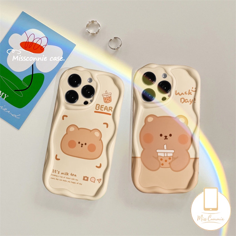 Case Teh Susu Beruang Kartun Lucu Untuk Redmi 9A 10C 10 10A 9T A2 9 A1 9C NFC Redmi Note12 8 11s 10S 9 10 11 10Pro Max POCO M3 Soft Tpu 3D Wavy Curved Edge Glossy Smile Cover