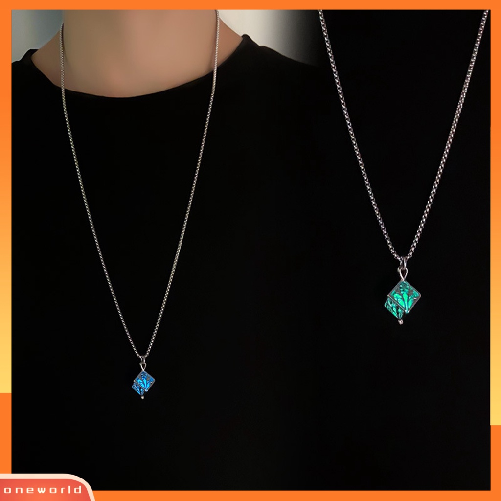[ONE] Kalung Geometris Glow in The Dark Liontin Persegi Dengan Rantai Titanium Untuk Wanita Minimalis Bergaya Aksesori Neon Malam