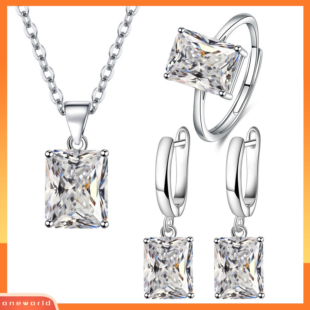 [ONE] 4pcs/set Jari Cincin Bentuk Persegi Panjang Shiny Charming Cubic Zirconia Vintage Pendant Dress Up Anti Karat Wanita Mewah Berlian Imitasi Kalung Hoop Earrings Perhiasan Aksesori