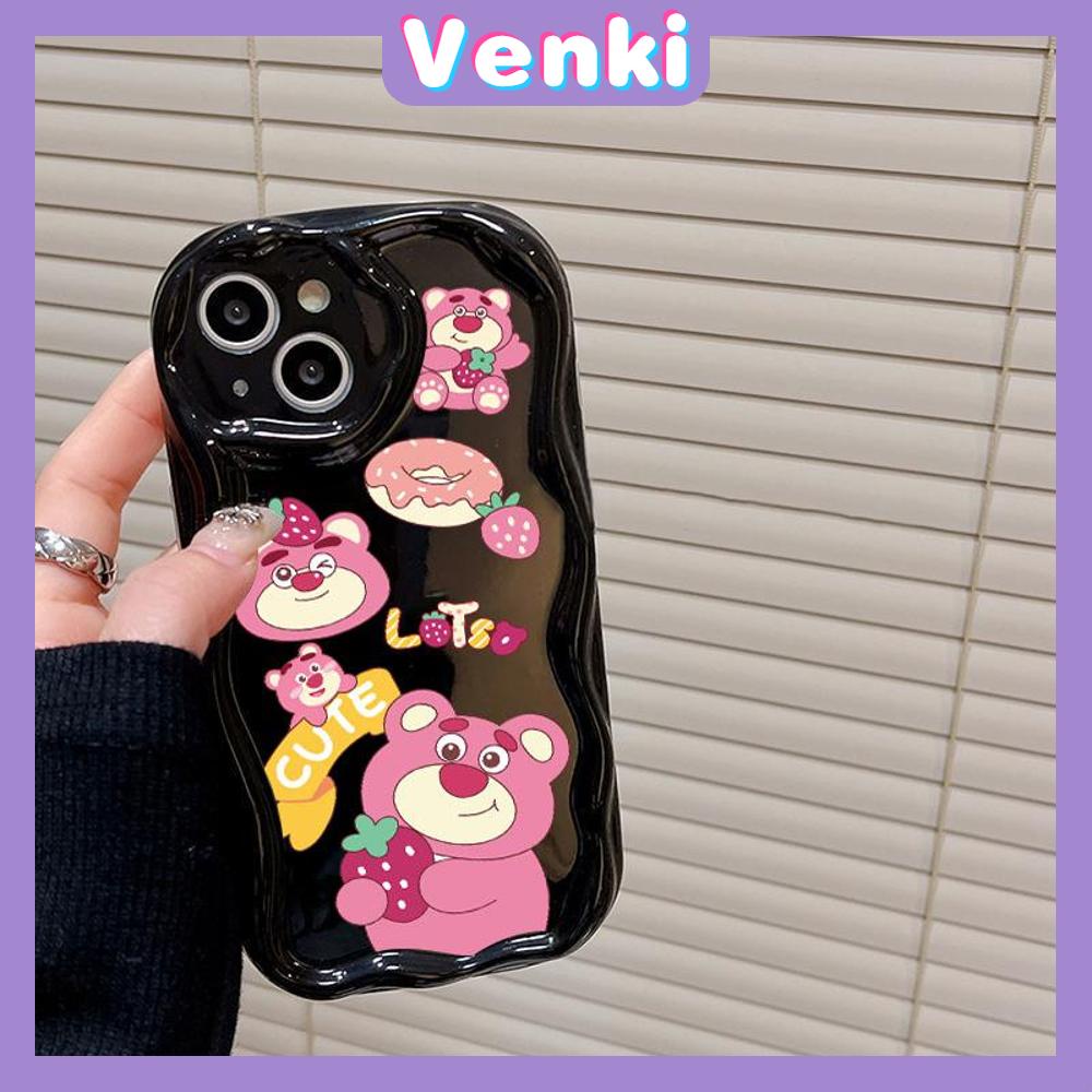 VENKI - Untuk iPhone 11 Case Curved Edge Wave Case Glossy Black TPU Airbag Shockproof Camera Case Cute Pink Bear Kompatibel dengan iPhone 14 13 Pro max 12 Pro Max xr xs 7Plus 8Plus