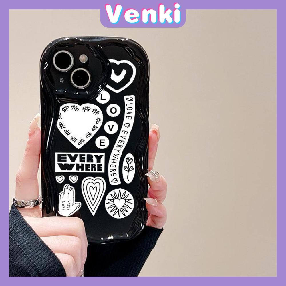 VENKI - Untuk iPhone 11 Case Curved Edge Wave Case Glossy Black TPU Airbag Shockproof Camera Case Surat Cinta Lucu Kompatibel dengan iPhone 14 13 Pro max 12 Pro Max xr xs 7Plus 8Plus