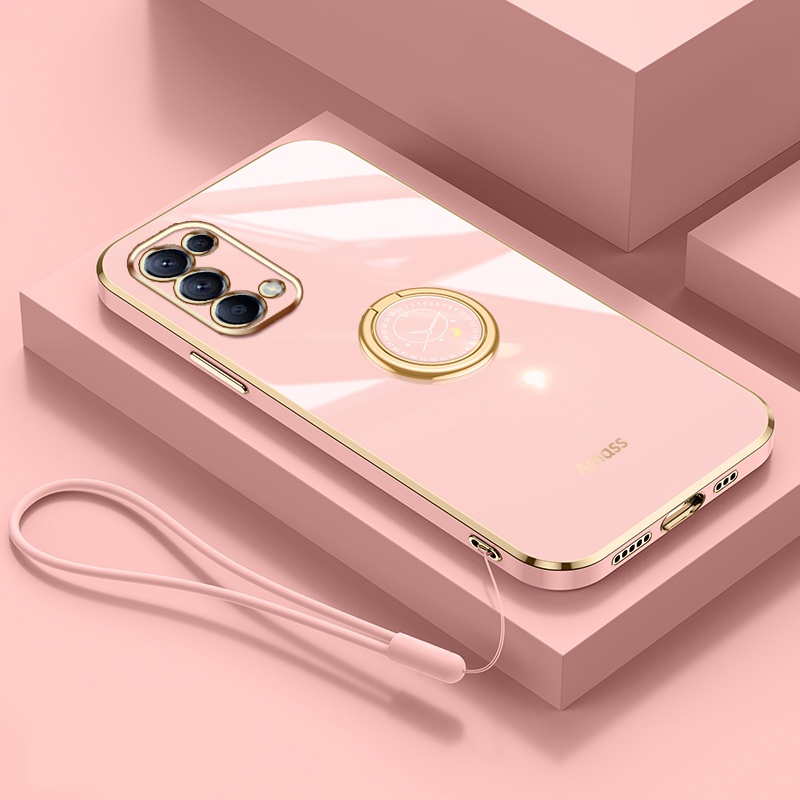 Andyh Casing Ponsel Silikon Ultra Tipis Untuk OPPO Reno3 4G A91 F15 Reno 4pro Reno 5pro Reno 6 Pro Reno 6z Deluxe Perlindungan Jatuh Band Emas Dengan Jam Cincin Dan Lanyard Gratis