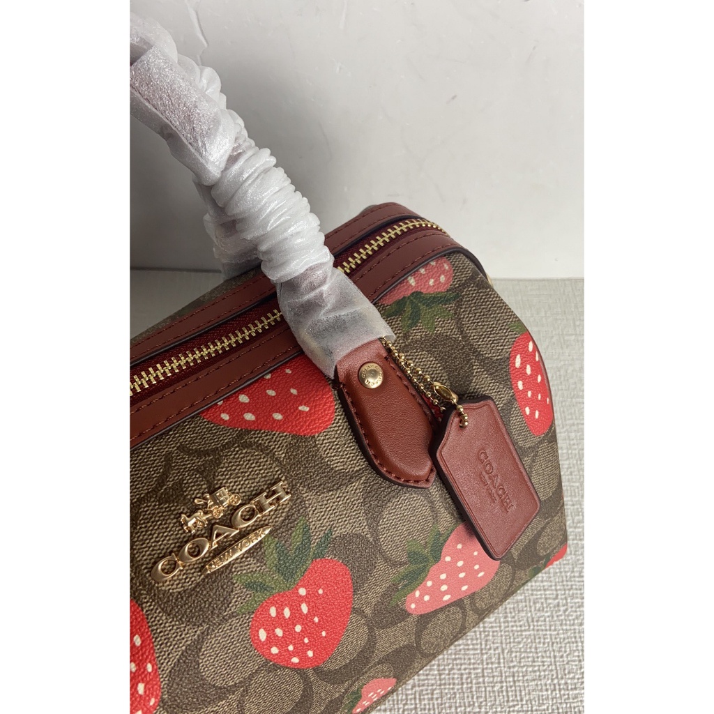 Coach Rowan Satchel Signature Canvas and Leather with Strawberry Print