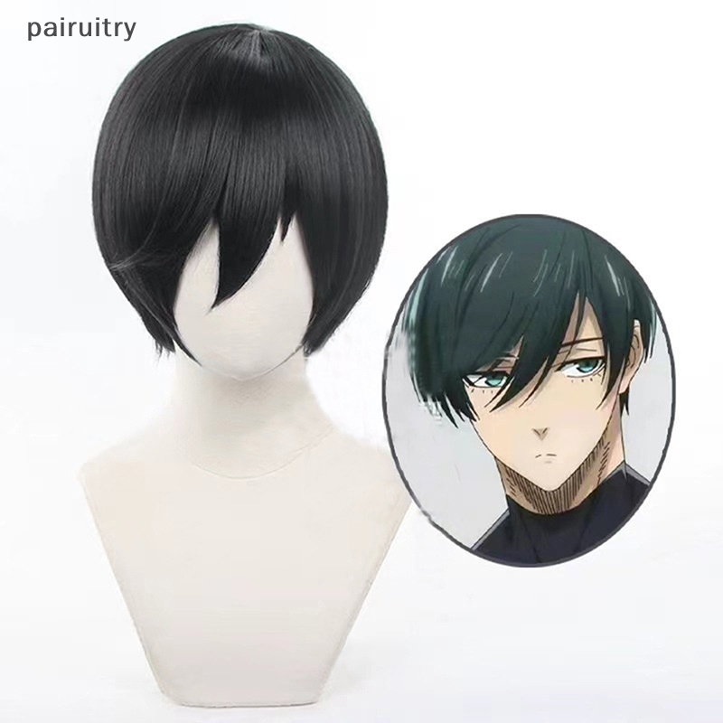 Wig Cosplay PRT Rin Itoshi BLUE LOCK Itoshi Rin Wig 30cm Hijau/Hitam Cosplay Anime Cosplay Wig Tahan Panas PRT