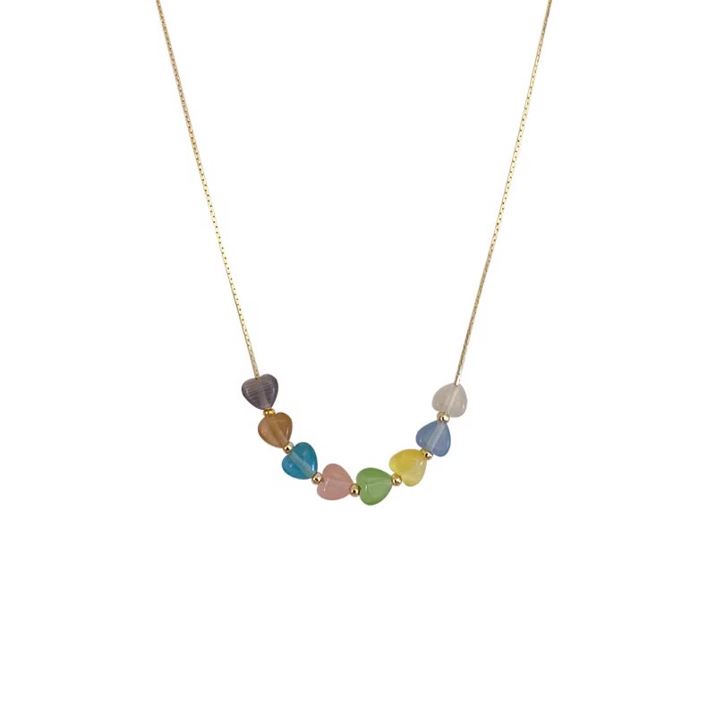 Roselife Korea Trendi Warna-Warni Resin Hati Manik-Manik Liontin Kalung Untuk Wanita Gadis Korea Musim Panas Lucu Pelangi Cinta Pesona Choker Necklaces Perhiasan Aksesoris
