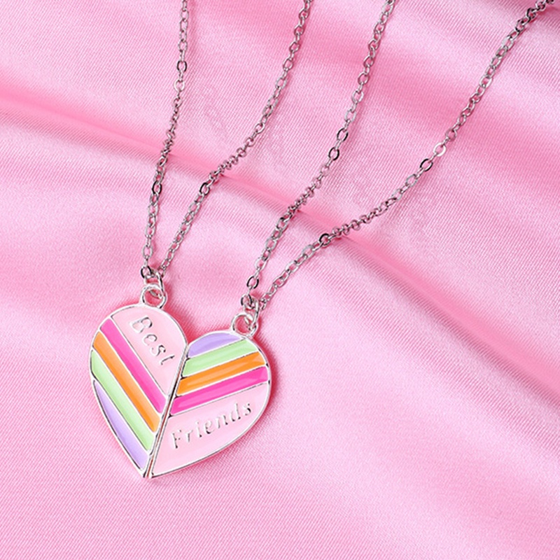 2 Pcs/Set Lucu Warna-Warni Pelangi Bentuk Hati Liontin Rantai Sahabat Kalung Bff Persahabatan Perhiasan Anak Kalung