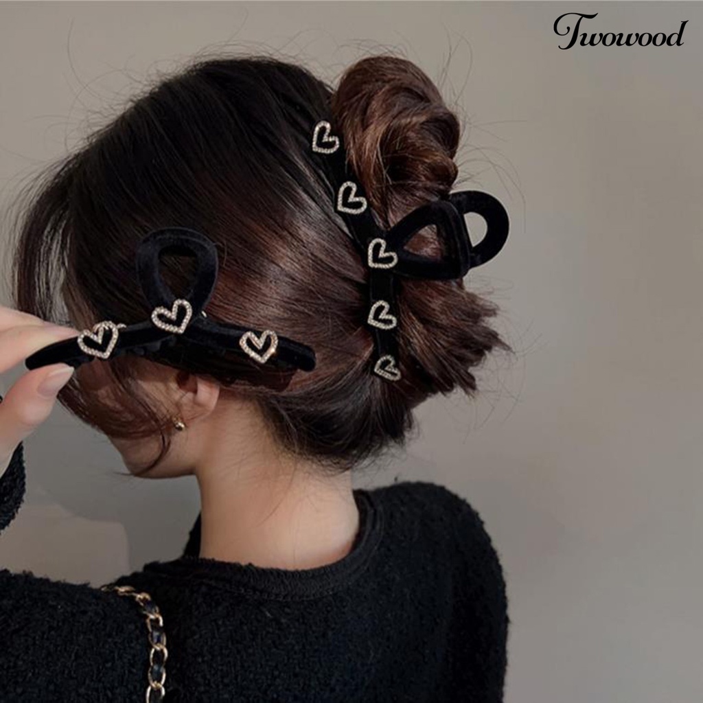 Twowood Hair Grip Elastis Anti-slip Dengan Gigi Bentuk Hati Berlian Imitasi Mengkilap Hias Gaya Manis Berongga Keluar Lady Hair Claw Rambut Styling Aksesoris