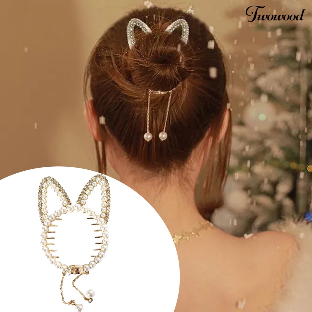 Twowood Shiny Rhinestones Faux Pearls Decor Ponytail Buckle Anti-slip Gigi Gadis Telinga Kucing Dekorasi Rumbai Liontin Rambut Penjepit Aksesoris Rambut