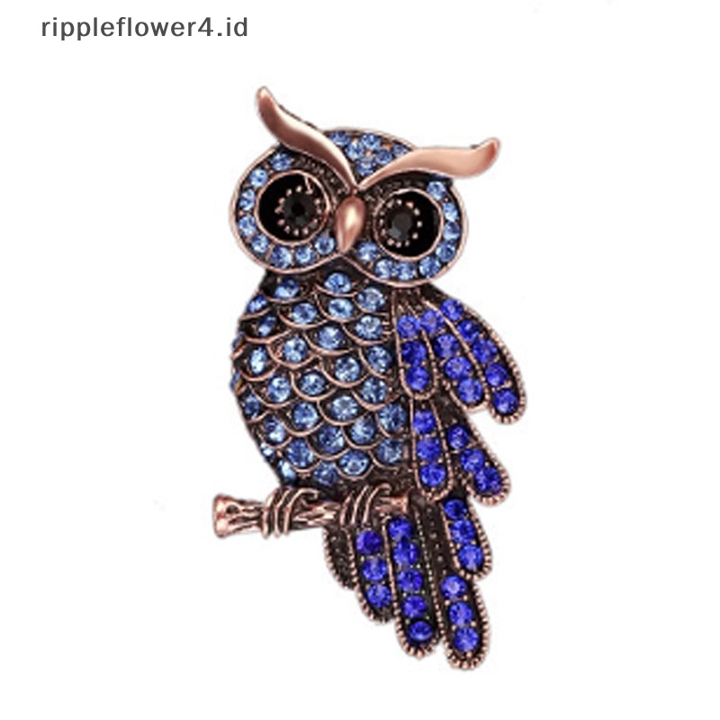 {rippleflower4.id} Fashion Halus Burung Hantu Bros Trendi Paduan Seng Berlian Imitasi Bros Lencana Pin Baru~