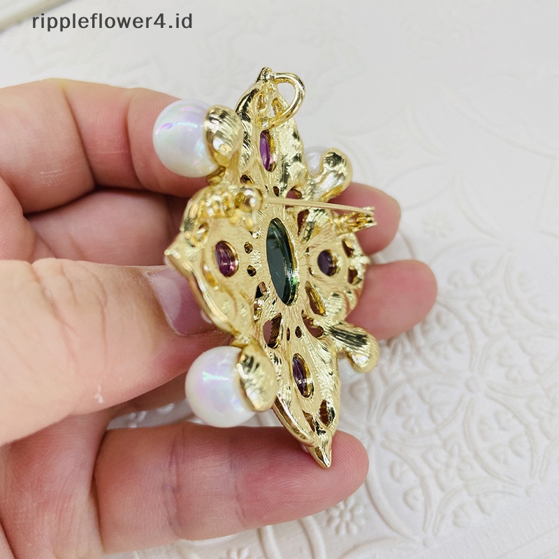 {rippleflower4.id} Warna-warni Vintage Berongga Ukir Mutiara Bros Kaca Imitasi Cross Pin Niche Pakaian Fashion Bros Mantel Perhiasan Aksesoris~