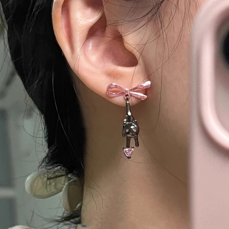 [Unggulan] Wanita Lucu Drop Earrings Kucing Hitam Menjuntai Anting-Anting Vintage pink Berlian Busur Liontin Anting-Anting INS Gaya Sederhana Studs Earrings Sweet cool Ear Jewelry Accessories