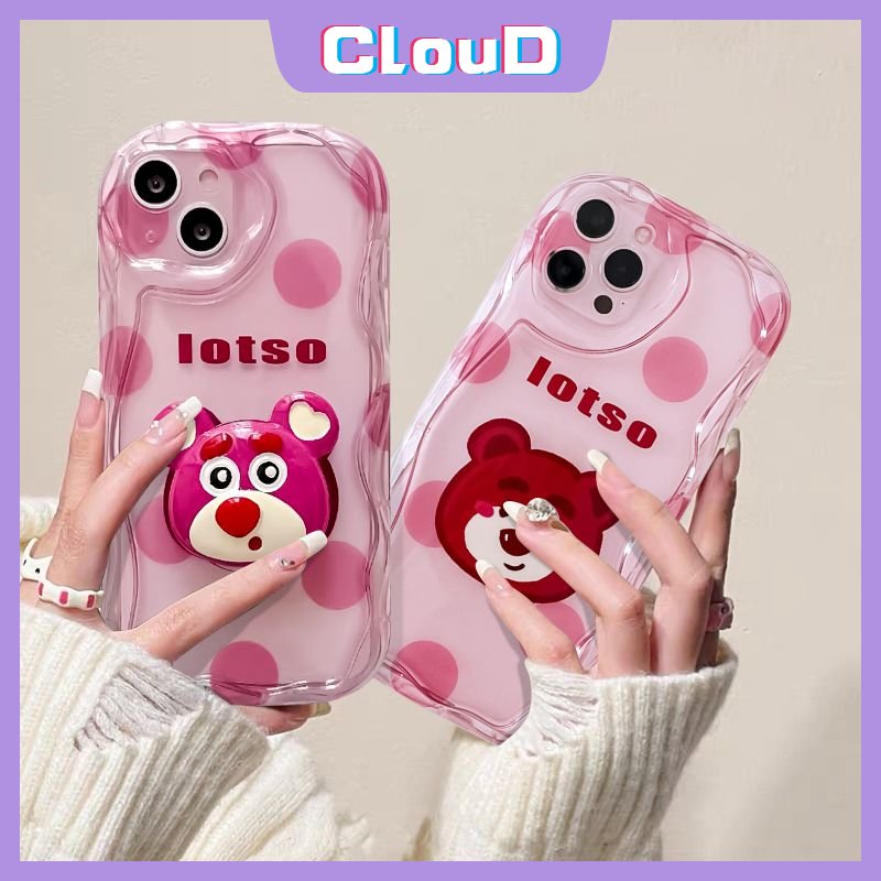 IPHONE Casing Tepi Melengkung Bergelombang 3D Kompatibel Untuk Iphone13 11 12 14 Pro Max7 6s 6 8 Plus 7Plus SE 2020 XR XS X Max Kartun Strawberry Bear Phone Holder Cover Dengan Manyo Lucu Bracket Cover