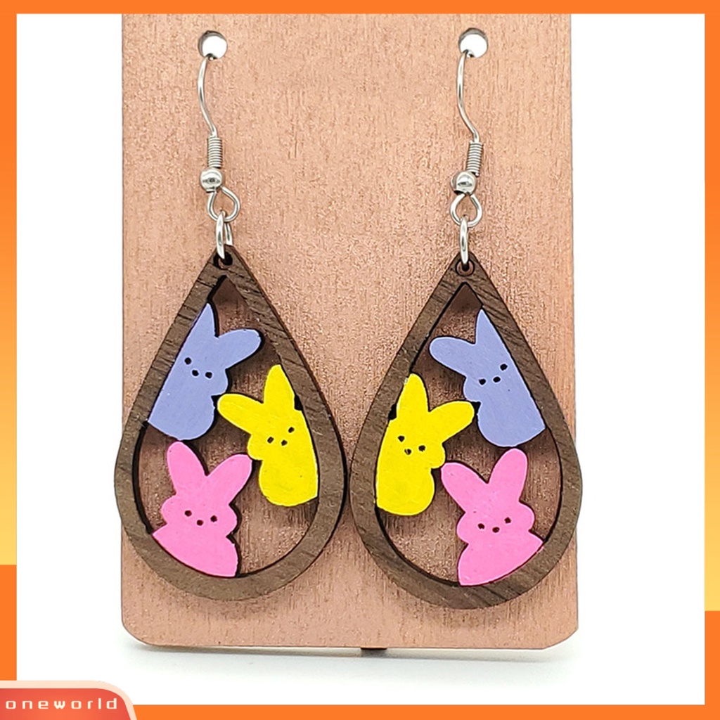 [WOD] 1pasang Anting Kait Tetesan Air Berbentuk Hollow Kayu Hadiah Fashion Perhiasan Warna-Warni Kelinci Rabbit Menjuntai Anting Untuk Paskah