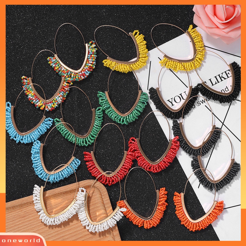 [WOD] Bohemian Wanita Manik-Manik Rumbai Geometris Menjuntai Kait Anting Liburan Perhiasan Hadiah