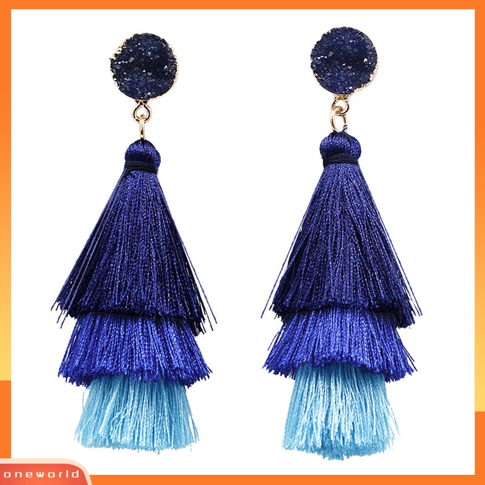 [WOD] Bohemian Wanita Faux Quartz Multilayer Panjang Rumbai Menjuntai Drop Earrings Perhiasan