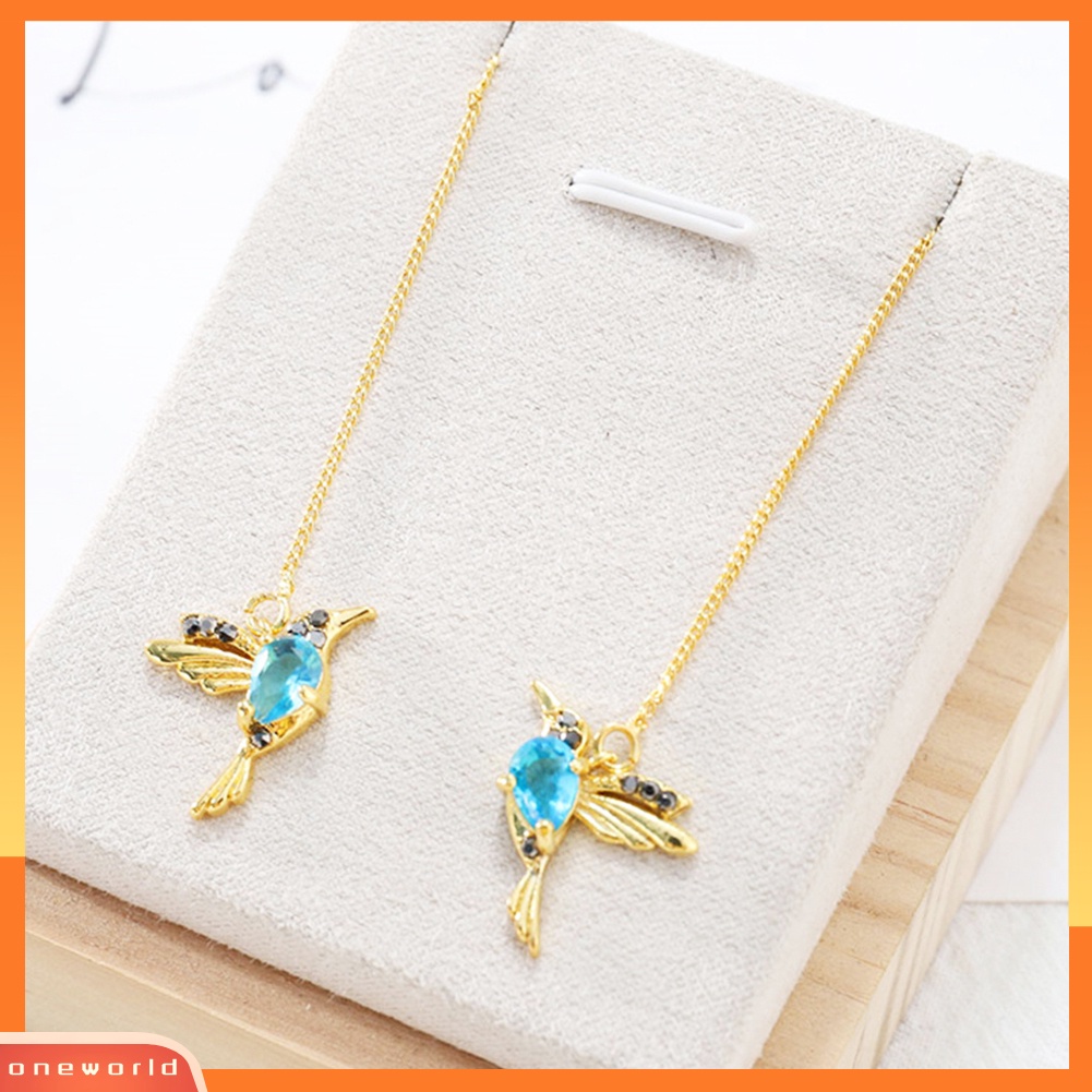 [WOD] Wanita Desain Hummingbird Berlian Imitasi Dekorasi Ear Stud Panjang Rumbai Menjuntai Anting-Anting