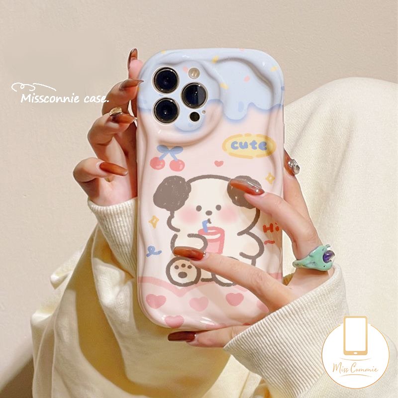 Untuk Realme C53 C25 C31 C30 C11 C20 C25s C33 C21Y C55 C35 C20A C12 C25Y 5 C17 7i 5i 6i 5s C3 C2 C21 C15 Kartun Beruang Lucu Es Krim Teh Susu Anak Anjing 3D Bergelombang Melengkung Tepi Glossy Cover