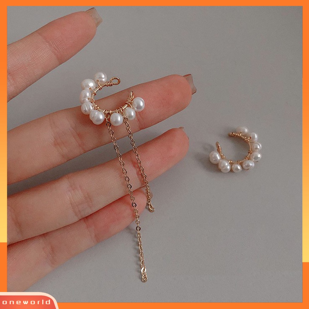 [WOD] 1pasang Indah C-shaped Asymmetric Faux Pearl Earring Ear Cuff Perhiasan Aksesori