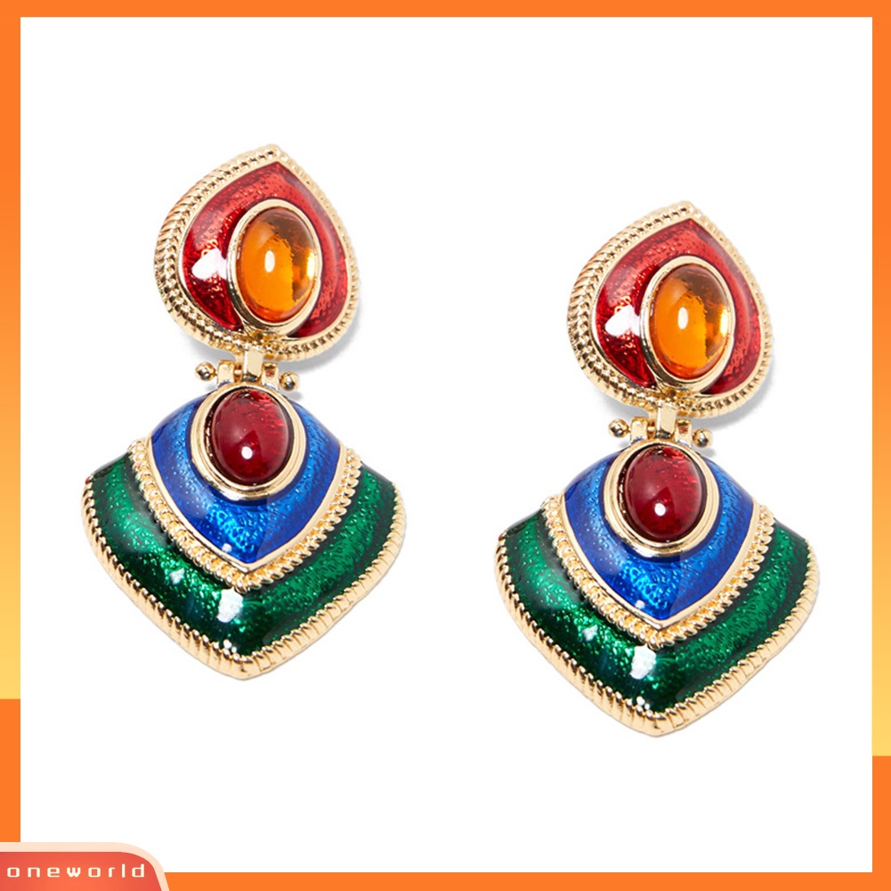 [WOD] Wanita Permata Imitasi Hias Enamel Hati Menjuntai Multicolor Stud Earrings Perhiasan Hadiah