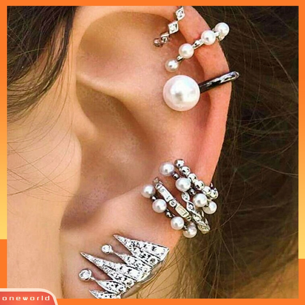 [WOD] 9 Pcs/Set Bohemian Retro Berlian Imitasi Mutiara Imitasi Telinga Manset Studs Earrings Set Hadiah