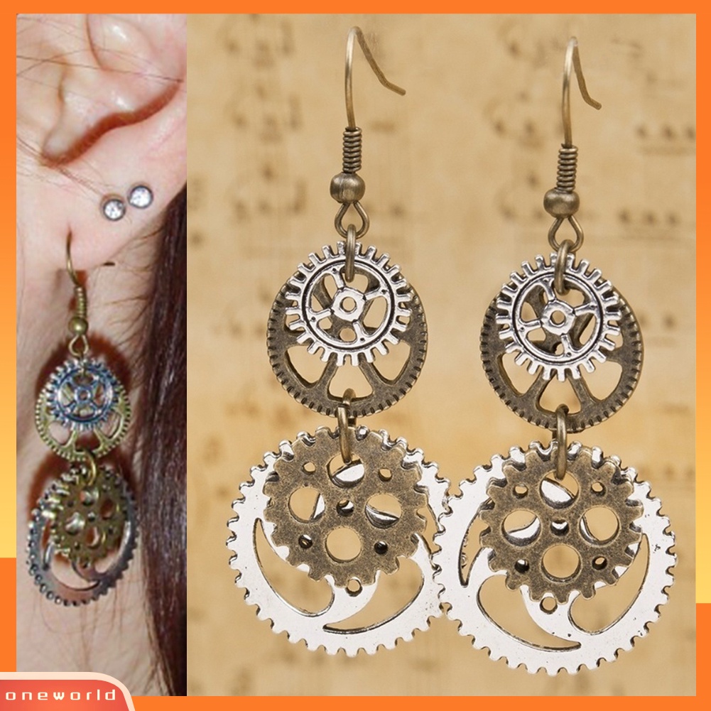 [WOD] Steampunk Antik Wanita Gear Liontin Menjuntai Kait Panjang Anting Club Perhiasan