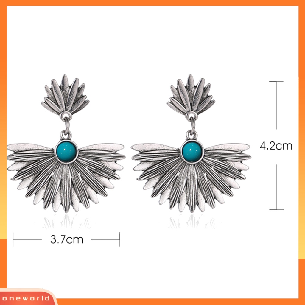 [WOD] Vintage Faux Turquoise Inlay Metal Bentuk Kipas Liontin Wanita Stud Earrings Jewelry