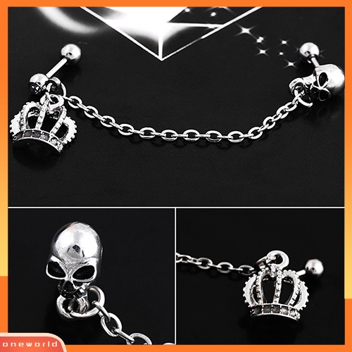 [WOD] Gaya Punk Surgical Steel Crown Skeleton Ear Stud Rantai Anting Tindik Perhiasan
