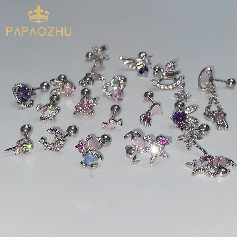 Papaozhu 1PC Manis S925 Perak Berkilau Pink Zirkon Bintang Hati Beruang Stud Anting-Anting Untuk Wanita Perempuan Lucu Bersinar Kristal Menjuntai Anting-Anting Temperamen Telinga Hiasan Pakaian Sehari-Hari