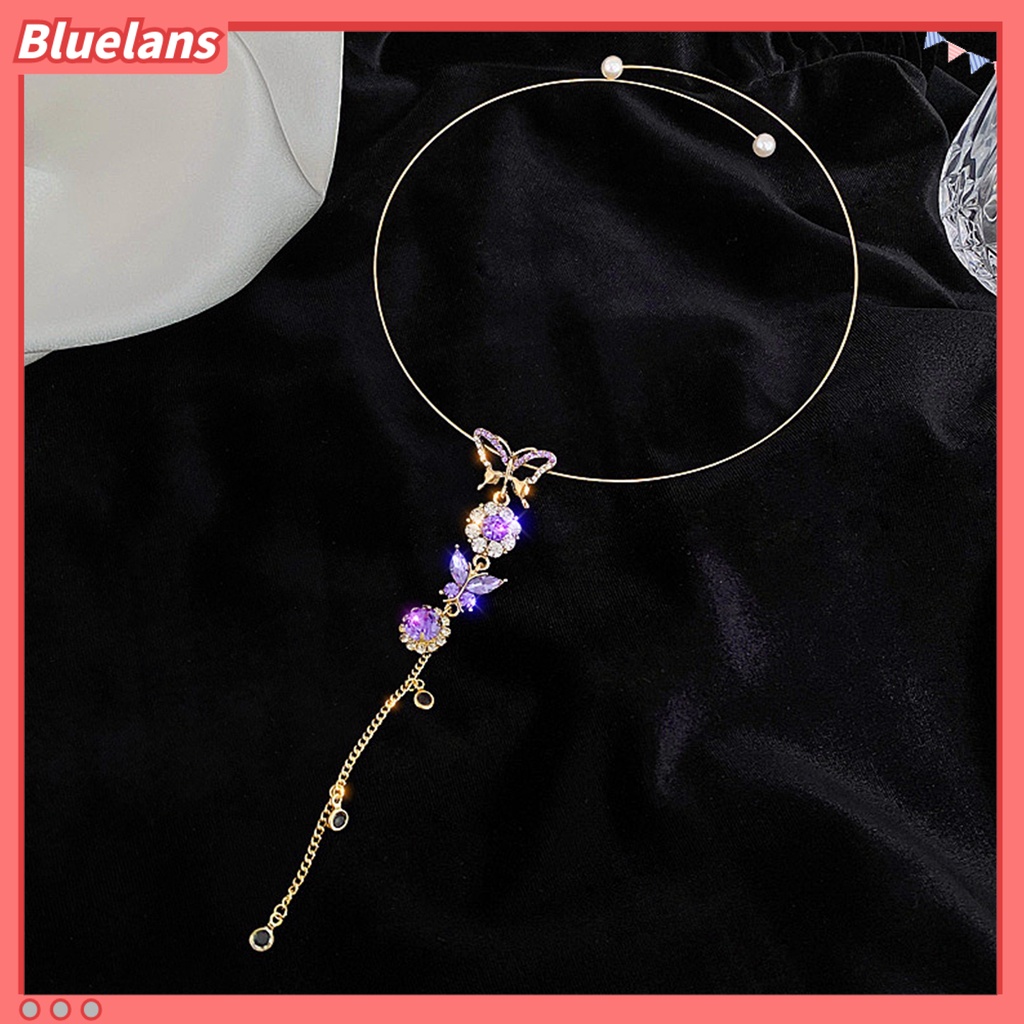 [BLS] Wanita Kupu-Kupu Berlian Imitasi Rumbai Adjustable Kerah Kalung Liontin Choker