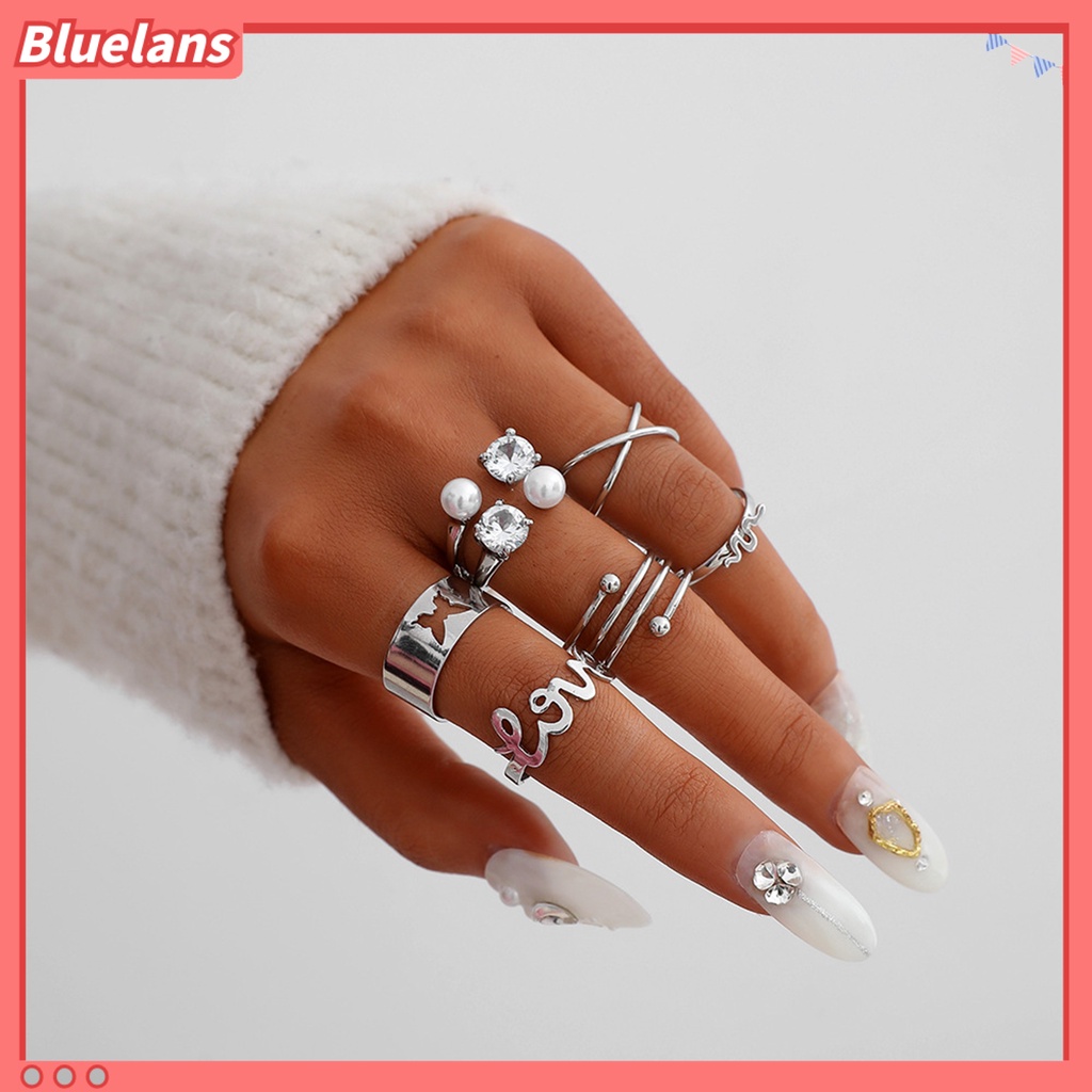 [BLS] 6pcs Cincin Jari Huruf Kupu-Kupu Mutiara Imitasi Pria Wanita Pembukaan Adjustable Ins Style Rings Fashion Jewelry