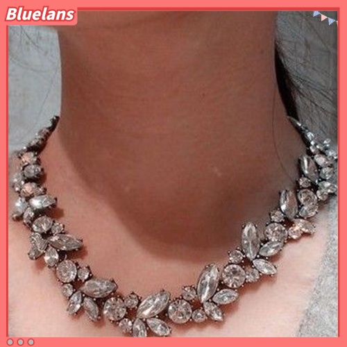 [BLS] Wanita Pesta Mewah Crowd Bening Berlian Imitasi Bunga Perunggu Choker Bib Kalung