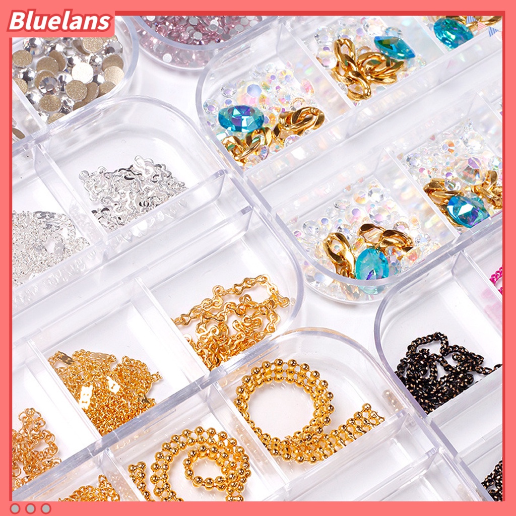 [BLM] 12kisi /Box Rantai Kuku Glitter Efek 3D Alloy Nail Art Rantai Cincin Gesper Dekorasi Logam Manicure DIY Untuk Wanita