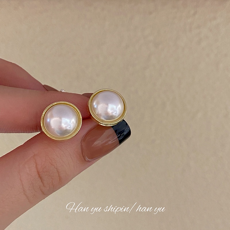 Vintage Fashion Mutiara Jantung Pejantan Anting Korea Sederhana Bulat Persegi Berlapis Emas Anting S925 Perak Post Pearl Earrings