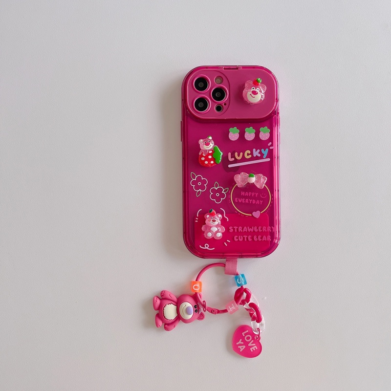 IPHONE Toy Story Strawberry Bear Dengan Ornamen Boneka 3D Vanity Mirror Phone Case Untuk Iphone11 12 13 14 Pro Max Xs Xr Tahan Debu Case Phone Shell