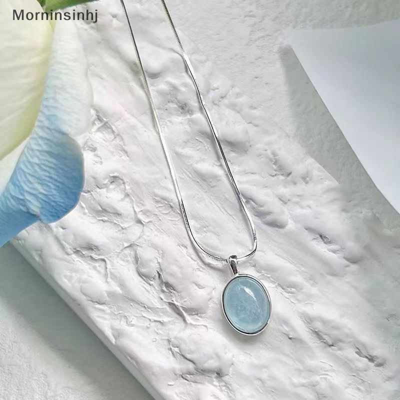 Mornin Fashion Warna Silver Blue Moonstone Aquamarine Kalung Desain Unik Oval Rantai Klavikula Kristal Untuk Teman Wanita Perhiasan Hadiah id