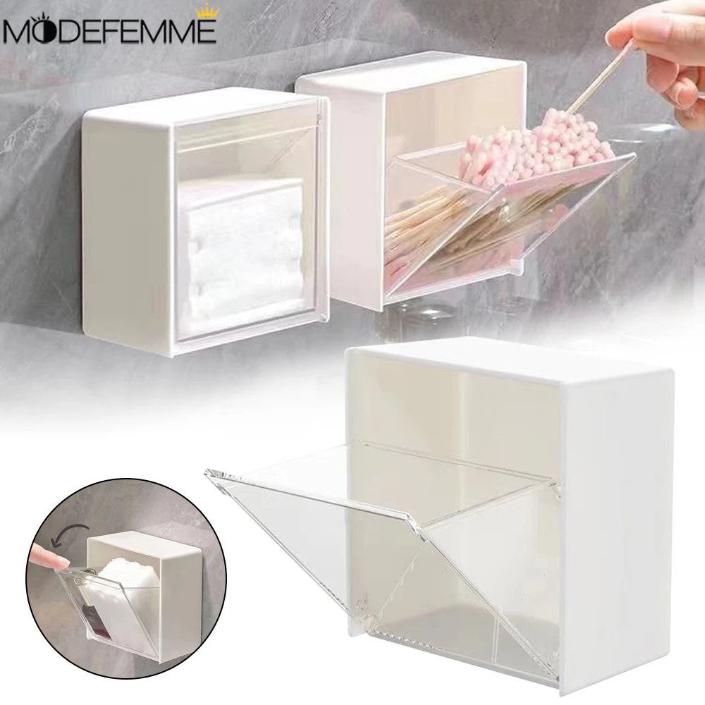 Tempat pad Kapas Tempel Dinding Kamar Mandi Organizer Makeup Cotton Swab Makeup Case Untuk Hal Kecil Penyimpanan Kotak Perhiasan Perlengkapan Rumah Tangga Rak Dinding Plastik