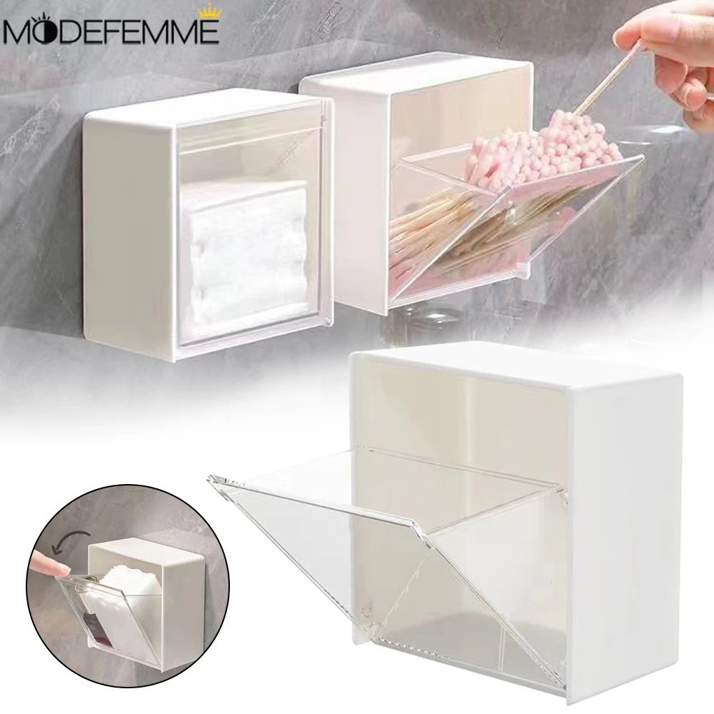 Tempat pad Kapas Tempel Dinding Kamar Mandi Organizer Makeup Cotton Swab Makeup Case Untuk Hal Kecil Penyimpanan Kotak Perhiasan Perlengkapan Rumah Tangga Rak Dinding Plastik