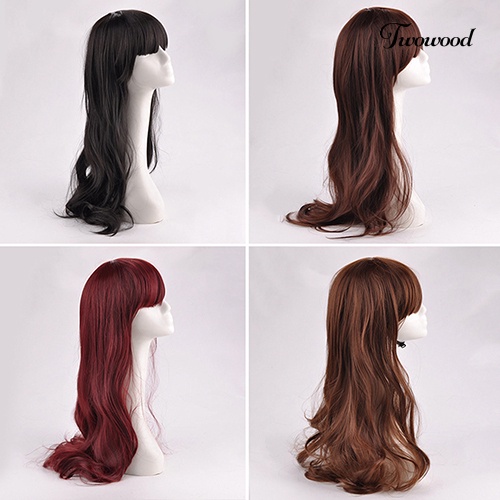 Twowood Fashion Wanita Rapi Bang Panjang Keriting Bergelombang Penuh Rambut Pesta Wig Cosplay