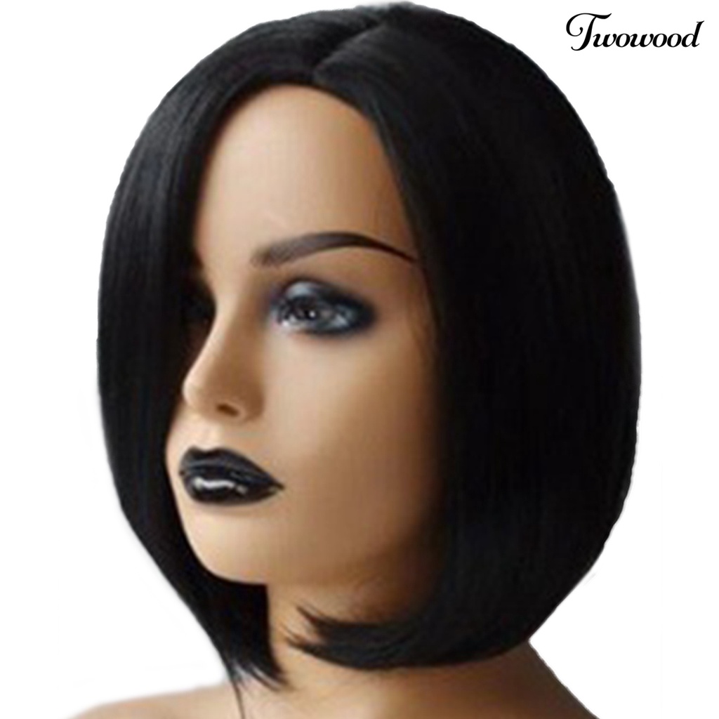 Twowood Wanita Harian Bobo Rambut Pendek Lurus Wig Sintetis Sopak Untuk Cosplay Pesta