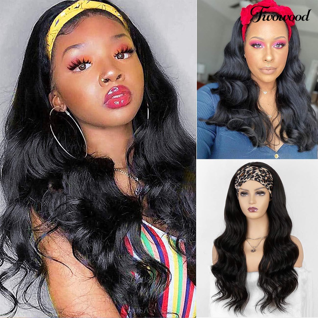 Twowood Wig Pengerjaan Bagus Tipis Serat Suhu Tinggi Wanita Panjang Gelombang Besar Bando Hairpieces Untuk Club