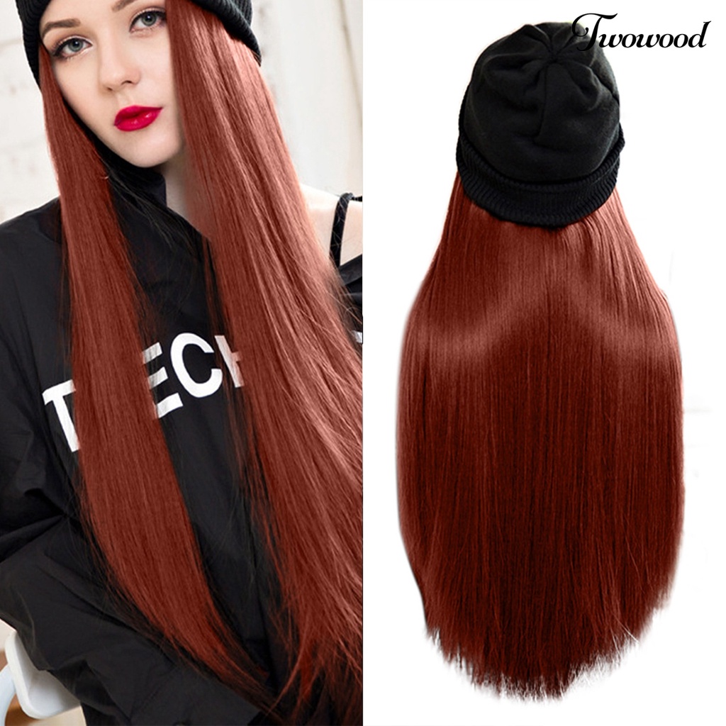 Twowood Wanita Wig Bahan Mesh Dalam Halus Dengan Topi Beanies Hat Wig Rajut Lurus Untuk Perempuan