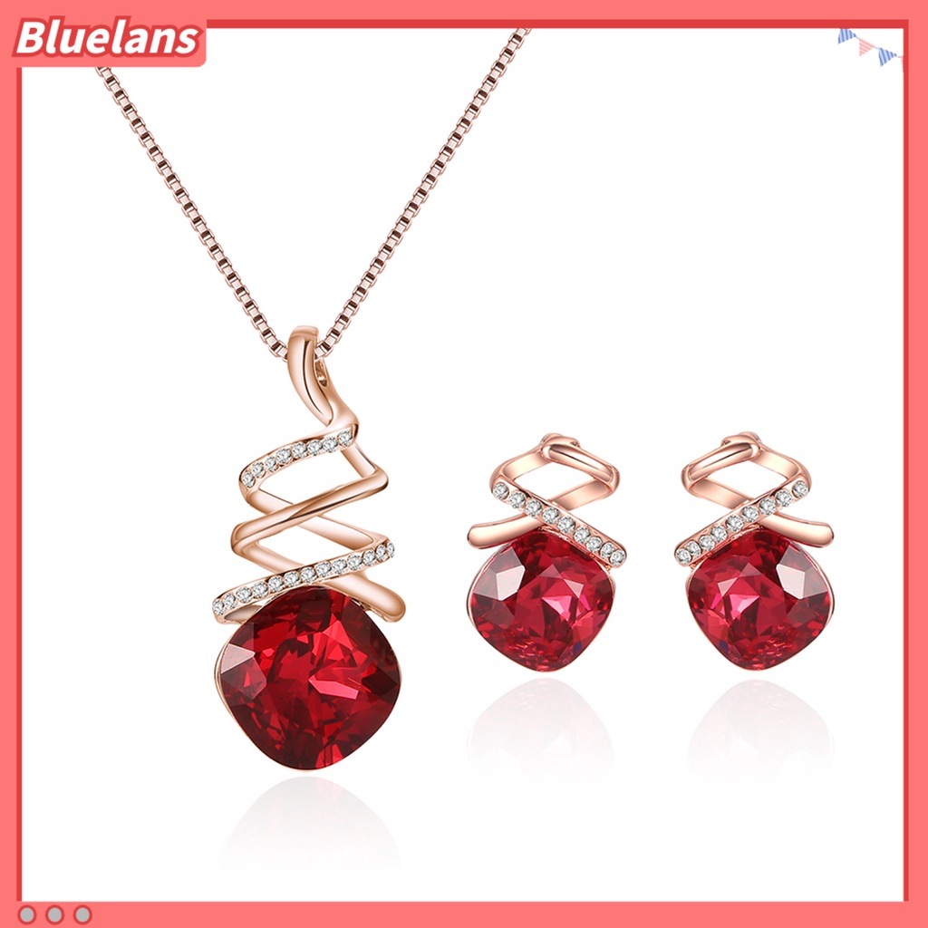 [BLS] 1set Wanita Kalung Geometris Cubic Zirconia Memutar Elegan Merah Persegi Berlian Imitasi Bertatahkan Stud Earrings Kit Fashion Perhiasan